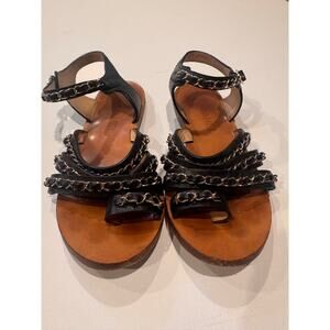 Chanel Gold Chain Link Leather Flat Sandals, Gladiator, Luxe, Designer, 37